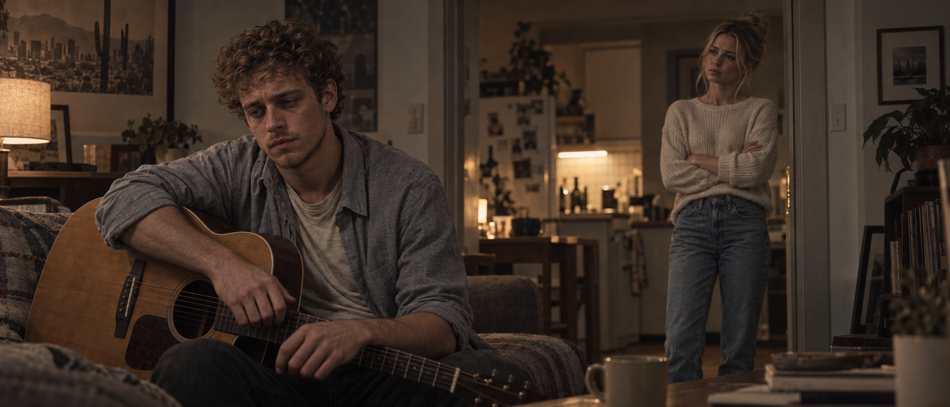 Ethan and Claire in a tense moment inside their apartment